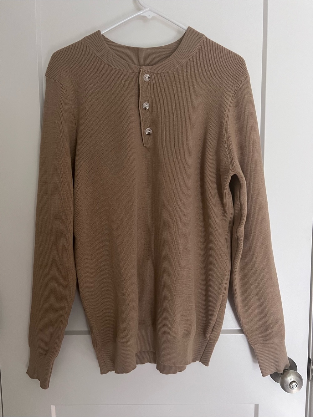 Men's Crewneck Henley Sweater in Tan - Lightweight Rib Knit